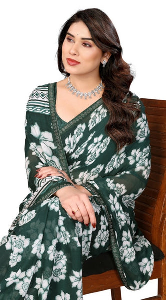 Mayawye Women's Georgette Printed Saree With Unstitched Blouse 5.5Mtr (Green)