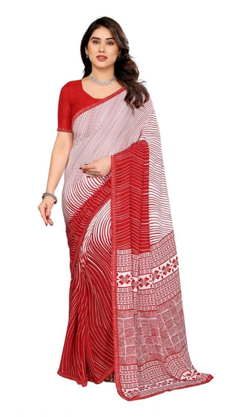 Mayawye Women's Georgette Printed Saree With Unstitched Blouse 5.5Mtr (Red)