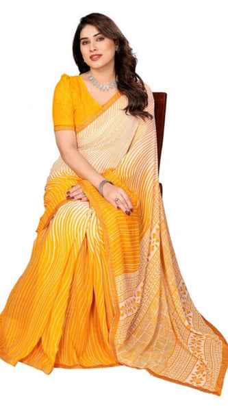 Mayawye Women's Georgette Printed Saree With Unstitched Blouse 5.5Mtr (Yellow)