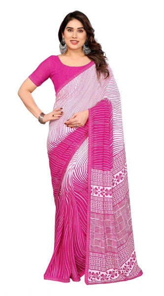 Mayawye Women's Georgette Printed Saree With Unstitched Blouse 5.5Mtr (Pink)