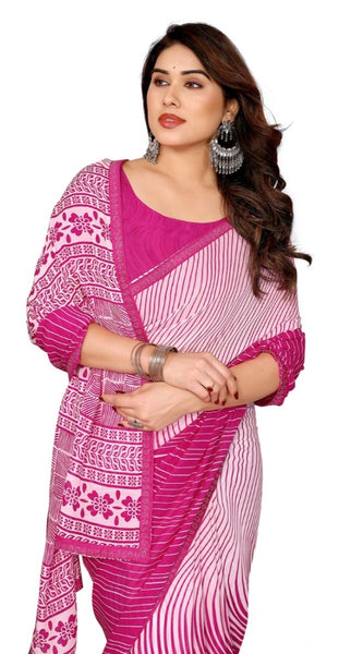 Mayawye Women's Georgette Printed Saree With Unstitched Blouse 5.5Mtr (Pink)