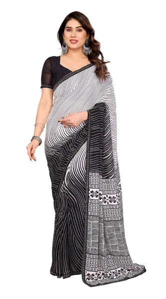 Mayawye Women's Georgette Printed Saree With Unstitched Blouse 5.5Mtr (Black)