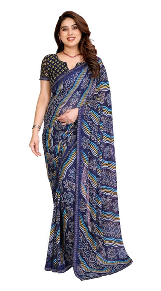 Mayawye Women's Georgette Printed Saree With Unstitched Blouse 5.5Mtr (Blue)