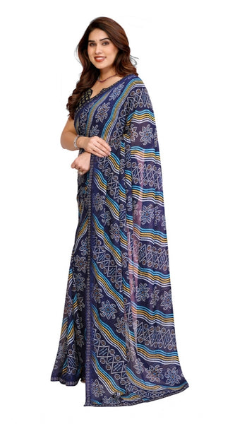 Mayawye Women's Georgette Printed Saree With Unstitched Blouse 5.5Mtr (Blue)