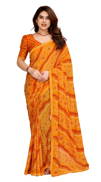 Mayawye Women's Georgette Printed Saree With Unstitched Blouse 5.5Mtr (Yellow)