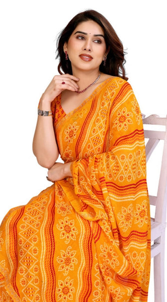 Mayawye Women's Georgette Printed Saree With Unstitched Blouse 5.5Mtr (Yellow)