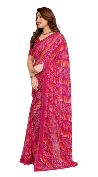 Mayawye Women's Georgette Printed Saree With Unstitched Blouse 5.5Mtr (Pink)