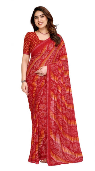 Mayawye Women's Georgette Printed Saree With Unstitched Blouse 5.5Mtr (Red)