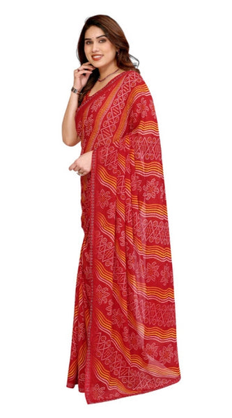 Mayawye Women's Georgette Printed Saree With Unstitched Blouse 5.5Mtr (Red)