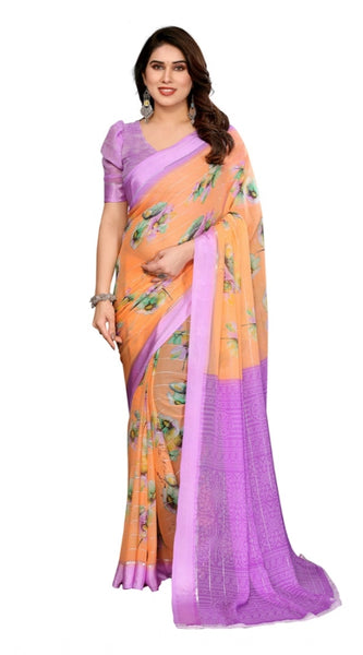 Mayawye Women's Georgette Printed Saree With Unstitched Blouse 5.5Mtr (Orange)