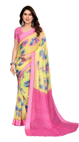 Mayawye Women's Georgette Printed Saree With Unstitched Blouse 5.5Mtr (Yellow)