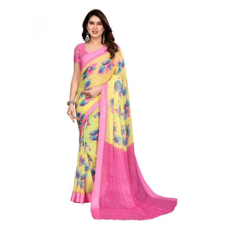 Mayawye Women's Georgette Printed Saree With Unstitched Blouse 5.5Mtr (Yellow)