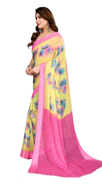 Mayawye Women's Georgette Printed Saree With Unstitched Blouse 5.5Mtr (Yellow)