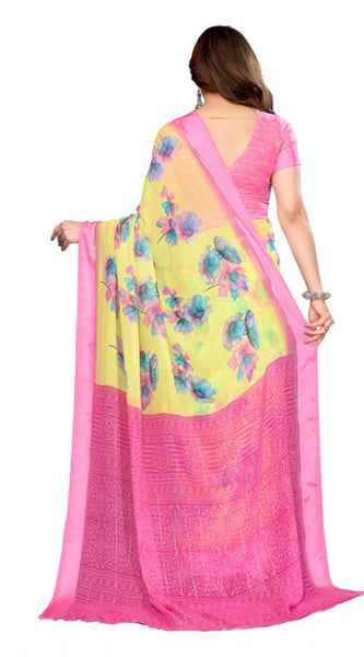 Mayawye Women's Georgette Printed Saree With Unstitched Blouse 5.5Mtr (Yellow)