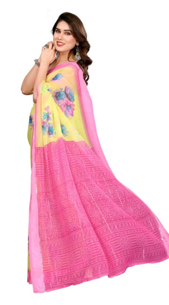 Mayawye Women's Georgette Printed Saree With Unstitched Blouse 5.5Mtr (Yellow)
