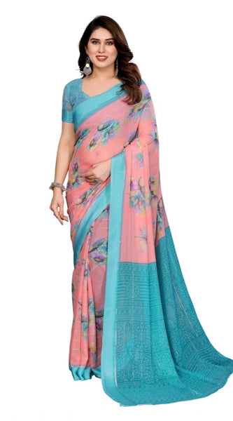 Mayawye Women's Georgette Printed Saree With Unstitched Blouse 5.5Mtr (Pink)