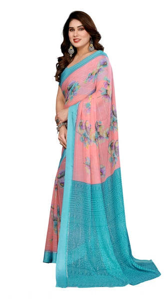 Mayawye Women's Georgette Printed Saree With Unstitched Blouse 5.5Mtr (Pink)
