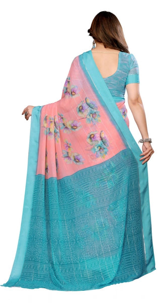 Mayawye Women's Georgette Printed Saree With Unstitched Blouse 5.5Mtr (Pink)