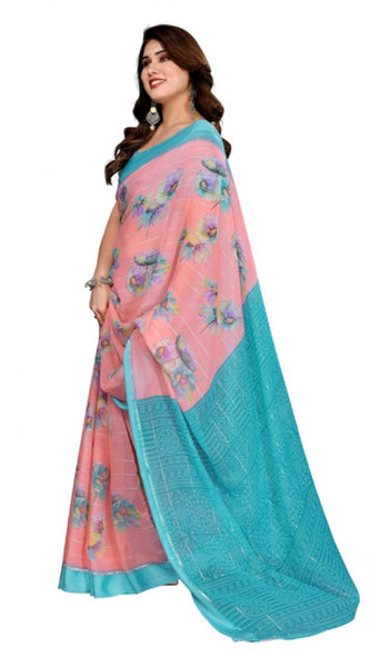 Mayawye Women's Georgette Printed Saree With Unstitched Blouse 5.5Mtr (Pink)
