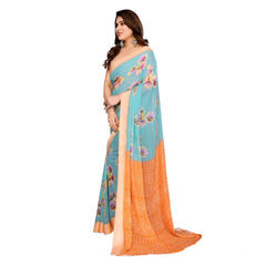 Mayawye Women's Georgette Printed Saree With Unstitched Blouse 5.5Mtr (Light Blue)