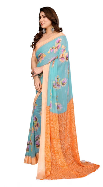 Mayawye Women's Georgette Printed Saree With Unstitched Blouse 5.5Mtr (Light Blue)