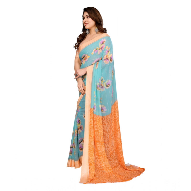 Mayawye Women's Georgette Printed Saree With Unstitched Blouse 5.5Mtr (Light Blue)