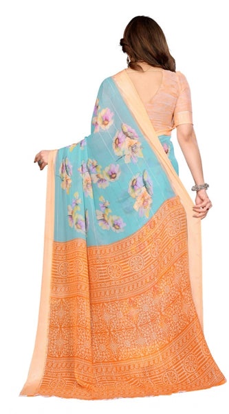 Mayawye Women's Georgette Printed Saree With Unstitched Blouse 5.5Mtr (Light Blue)