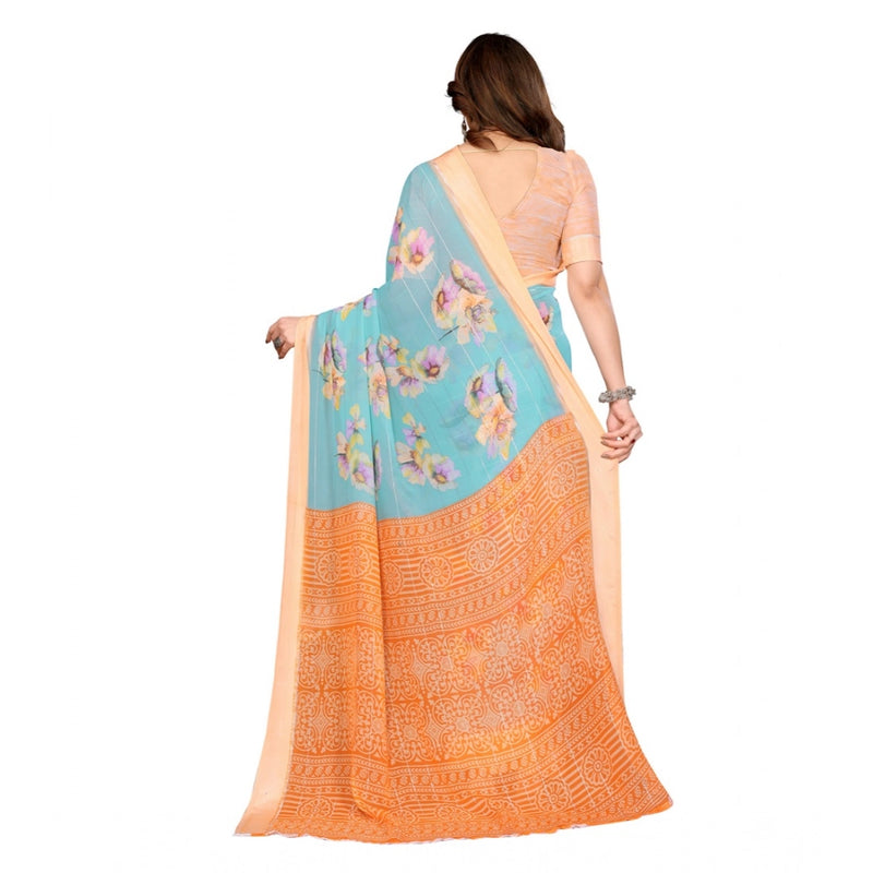 Mayawye Women's Georgette Printed Saree With Unstitched Blouse 5.5Mtr (Light Blue)