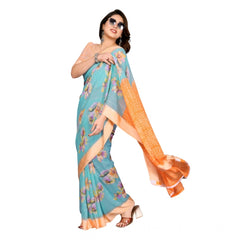 Mayawye Women's Georgette Printed Saree With Unstitched Blouse 5.5Mtr (Light Blue)