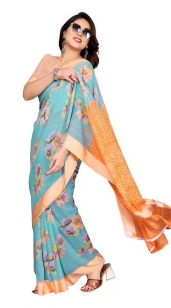 Mayawye Women's Georgette Printed Saree With Unstitched Blouse 5.5Mtr (Light Blue)