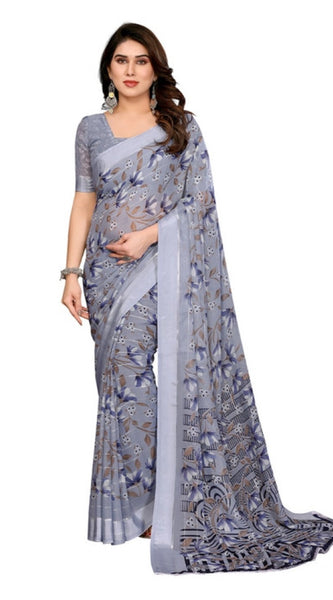 Mayawye Women's Georgette Printed Saree With Unstitched Blouse 5.5Mtr (Grey)