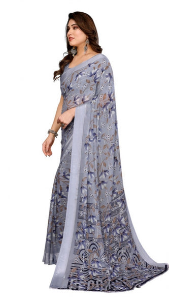 Mayawye Women's Georgette Printed Saree With Unstitched Blouse 5.5Mtr (Grey)