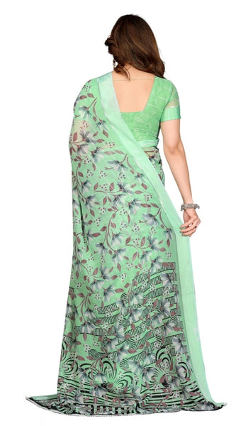 Mayawye Women's Georgette Printed Saree With Unstitched Blouse 5.5Mtr (Light Green)
