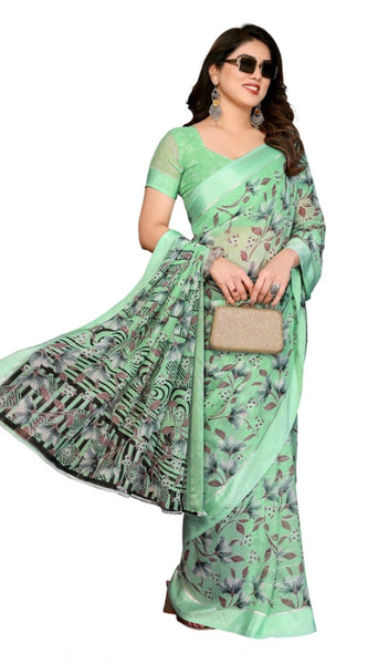 Mayawye Women's Georgette Printed Saree With Unstitched Blouse 5.5Mtr (Light Green)
