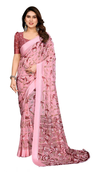 Mayawye Women's Georgette Printed Saree With Unstitched Blouse 5.5Mtr (Pink)