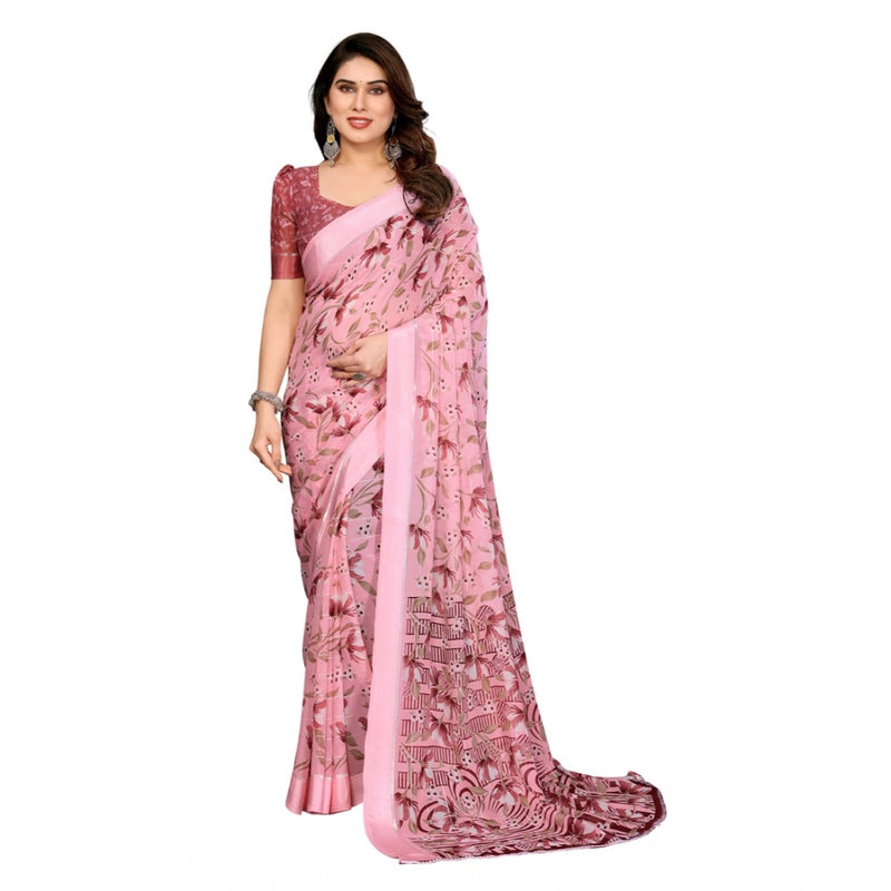 Mayawye Women's Georgette Printed Saree With Unstitched Blouse 5.5Mtr (Pink)