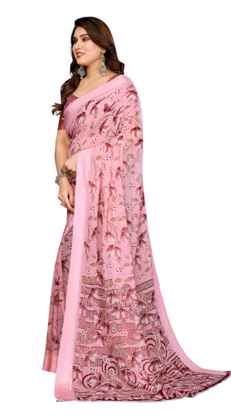 Mayawye Women's Georgette Printed Saree With Unstitched Blouse 5.5Mtr (Pink)