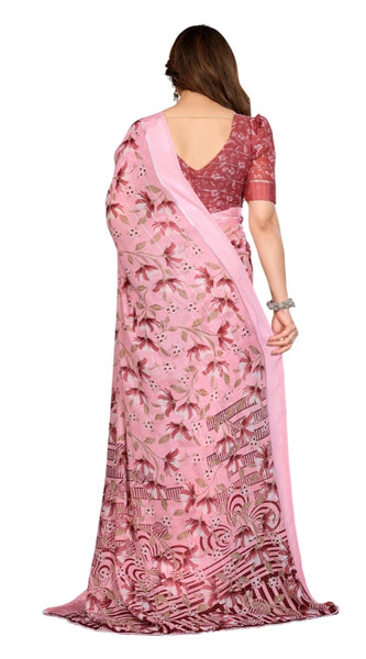 Mayawye Women's Georgette Printed Saree With Unstitched Blouse 5.5Mtr (Pink)