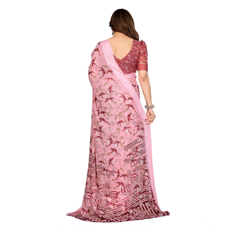 Mayawye Women's Georgette Printed Saree With Unstitched Blouse 5.5Mtr (Pink)