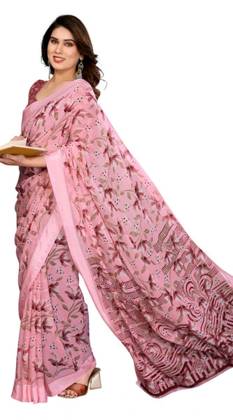Mayawye Women's Georgette Printed Saree With Unstitched Blouse 5.5Mtr (Pink)