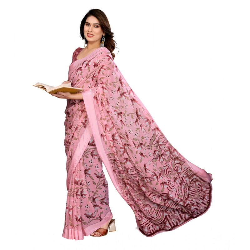 Mayawye Women's Georgette Printed Saree With Unstitched Blouse 5.5Mtr (Pink)
