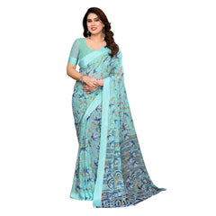 Mayawye Women's Georgette Printed Saree With Unstitched Blouse 5.5Mtr (Blue)