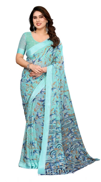 Mayawye Women's Georgette Printed Saree With Unstitched Blouse 5.5Mtr (Blue)