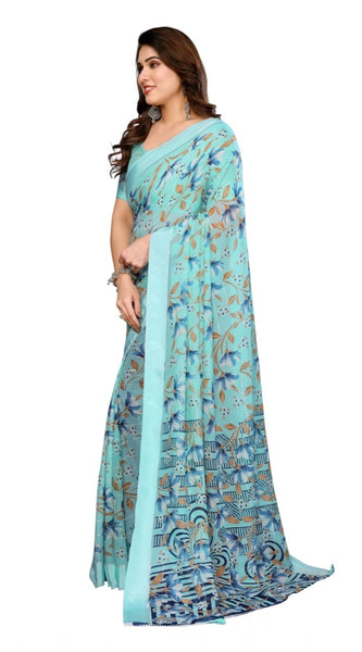 Mayawye Women's Georgette Printed Saree With Unstitched Blouse 5.5Mtr (Blue)