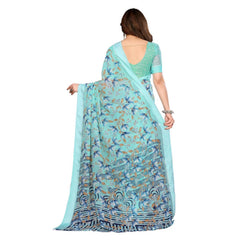 Mayawye Women's Georgette Printed Saree With Unstitched Blouse 5.5Mtr (Blue)