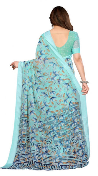 Mayawye Women's Georgette Printed Saree With Unstitched Blouse 5.5Mtr (Blue)