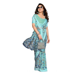 Mayawye Women's Georgette Printed Saree With Unstitched Blouse 5.5Mtr (Blue)