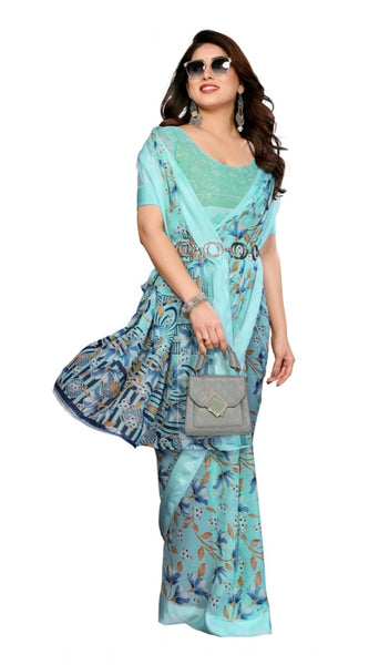 Mayawye Women's Georgette Printed Saree With Unstitched Blouse 5.5Mtr (Blue)