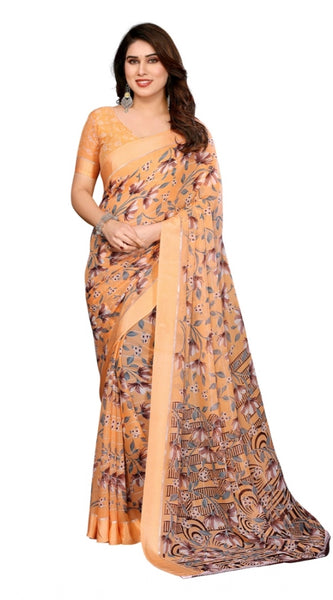Mayawye Women's Georgette Printed Saree With Unstitched Blouse 5.5Mtr (Orange)