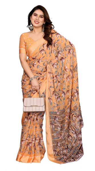 Mayawye Women's Georgette Printed Saree With Unstitched Blouse 5.5Mtr (Orange)